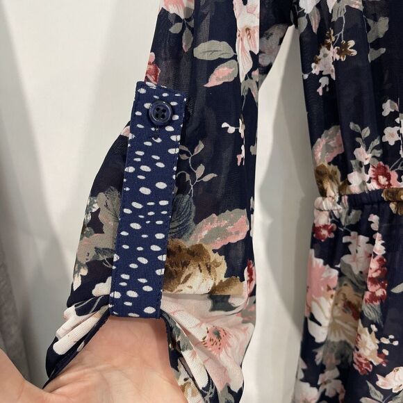 Womens Babydoll Top XL Floral V Neck Button Up Stretch Roll Tab Tunic Semi Sheer - Picture 4 of 12